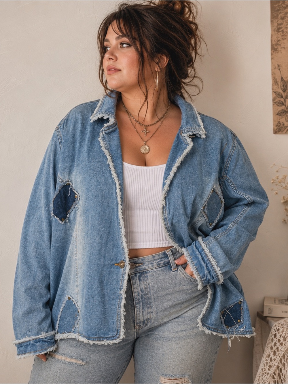 Sunshine Apparel Plus Size 3X Denim Jacket Patchwork Blue Wash Casual Boho Chic
